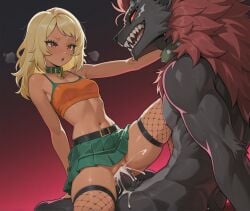 ai_generated blonde_hair demon_boy fishnets green_skirt hellhound orange_top red_eyes rubeon sex simple_background