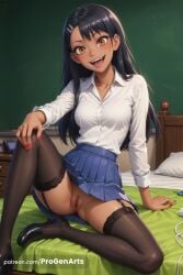 1girls :d ai_generated artist_name bed black_footwear black_hair black_thighhighs blue_skirt blush breasts brown_eyes chalkboard dark-skinned_female dark_skin earclip fangs female garter_straps hair_ornament hairclip hayase_nagatoro hi_res indoors knee_up loafers long_hair long_sleeves looking_at_viewer medium_breasts nagatoro_hayase nail_polish no_panties oerba_yun_fang on_bed open_mouth patreon_logo patreon_username pillow please_don't_bully_me,_nagatoro pleated_skirt progenarts pussy red_nails school_uniform shirt shoes sitting skirt smile solo spread_legs tan teeth thighhighs uncensored white_shirt
