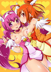 2girls :p bare_shoulders blush bottomless breasts breasts_out choker clothing cure_happy cure_sunny dress earrings head_wings hino_akane hoshizora_miyuki jewelry katsuma_rei long_hair looking_at_viewer magical_girl multiple_girls nipples no_panties orange_eyes orange_hair pink_eyes pink_hair precure pretty_cure small_breasts smile smile_precure tiara tied_hair tongue twintails undressing