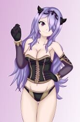 1girls absurd_res alluring arm_guards asymmetrical_bangs big_breasts black_corset black_gloves black_panties breasts camilla_(fire_emblem) clenched_hands collarbone corset curvy elbow_gloves eyelashes facing_viewer fake_horns female female_focus fire_emblem fire_emblem_fates fire_emblem_warriors gloves gradient_background groin hair_ornament hair_over_one_eye hand_on_own_hip hand_up head_tilt high_res horns intelligent_systems legs lingerie long_hair matching_hair/eyes matching_underwear midriff navel neck nintendo official_alternate_costume official_underwear panties printed_panties purple_eyes purple_hair seductive_smile sidelocks smile sonicheroxd standing strapless thigh_gap thighs thong tiara tight_clothes underwear underwear_only wavy_hair
