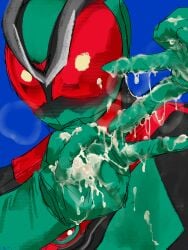 armor armored_male blue_background blush breath cum cum_on_gloves cum_on_hands double_v first_porn_of_character gloves gopogopo green_armor hands kamen_rider kamen_rider_zeztz kamen_rider_zeztz_(series) male male_only masked masked_male masked_only peace_sign red_eyes solo solo_focus solo_male