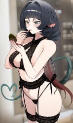 1girls absurdres animal_ear_piercing animal_ears applying_lipstick applying_makeup arched_bangs big_breasts black_bra black_hair black_panties bra breasts compact_(cosmetics) cosmetics female female_only frilled_thigh_strap garter_belt gradient_hair green_eyes green_tail hair_intakes heart heart_tail highleg highleg_panties highres holding holding_compact holding_lipstick_tube indoors jane_doe_(zenless_zone_zero) large_breasts lingerie lipstick_tube long_hair makeup micro_panties mouse_ears mouse_girl mouse_tail multicolored_hair navel panties parted_lips pink_nails red_hair sharp_tail side-tie_panties solo string_panties tail thigh_strap underwear underwear_only very_long_hair wolf_cut zenless_zone_zero zeragoes