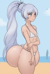 ai_generated beach bikini bubble_butt flat_chest hyper_ass nipple_bulge ponytail rwby shiin_(ai_generated) weiss_schnee