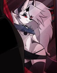 1girls anthro breasts canid canid_demon canine clothing clothing_pull collar crop_top demon ear_piercing ears exposed_breasts female fur furry grey_body grey_fur grey_hair hands_behind_head hellhound helluva_boss hi_res long_hair looking_at_viewer loona_(helluva_boss) mammal mirror multicolored_body multicolored_fur mythological_canine mythological_creature mythology nipples no_bra piercing poster red_sclera shirt shorts solo spiked_collar tail thick_thighs thighhighs topwear two_tone_body two_tone_fur white_body white_eyes white_fur wolf wolf_girl zerrymon