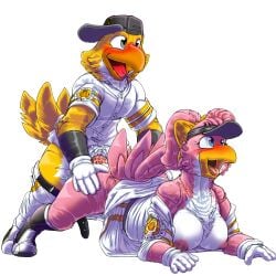 1boy 1boy1girl 1girl1boy 1girls 2024 2d 2d_(artwork) 2d_artwork ambiguous_penetration avian baseball baseball_cap baseball_uniform bird blush blushing_female blushing_male blushing_profusely breasts breasts_out canon_couple clothed clothed_female clothed_male clothed_sex clothing_aside cross_eyed crossed_eyes digital_art digital_drawing_(artwork) digital_media_(artwork) doggy_style duo female from_behind from_behind_position fukuoka_softbank_hawks hand_on_thigh harry_hawk hawk honey_hawk kitsune_youkai male male_penetrating male_penetrating_female mascot nipples nippon_professional_baseball pants_down penetration penetration_from_behind penile penile_penetration penis pink_feathers pink_hair pink_nipples skirt tagme white_background yellow_feathers