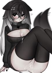 black_clothing black_hair cum_in_mouth cum_in_pussy gray_hair okaree semi_nude thighhighs