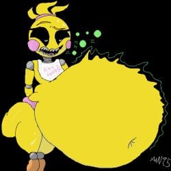 animatronic animatronic_female artistticwonder95 big_belly burp burping chicken chicken_girl female five_nights_at_freddy's five_nights_at_freddy's_2 robot robot_girl scottgames toy_chica_(fnaf) vore vore_belly