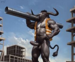 aduran anthro balls belt biceps biped bovid bovine cattle digital_media_(artwork) digital_painting_(artwork) erection foreskin fur genitals hair hi_res holding_object horn humanoid_genitalia humanoid_penis male mammal muscular muscular_anthro muscular_male navel nipples painting_(artwork) penis sky solo standing tail uncircumcised
