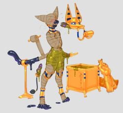 anklet anthro banderi blinded blush bondage bound box brush buttplug canister collar container crossed_arms digitigrade domestic_cat egyptian encasement feet felid feline felis glue gold_(metal) hi_res hose imminent_anal implied_permanent inflatable_toy jewelry khefri_(thorphax) legband linen male male_bondage mammal mask mask_off mummification mummified mummy_wrappings nasal_penetration nose_tube open_mouth ornament paws permanent permanent_bondage plug_(sex_toy) pointy_ears posture_collar resin sex_toy slime solo solo_focus spool standing tail thighband tube wrapped_arms wrapped_up wrappings