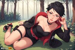 1girls adjusting_eyewear ai_generated arm_support artist_name bare_shoulders belt black_choker black_eyes black_footwear black_hair black_jacket black_shorts boruto:_two_blue_vortex breasts choker cleavage collarbone day earrings forest full_body glasses grass grey_eyes hi_res high_heels hood jacket jewelry lips looking_at_viewer lying medium_breasts naruto naruto_(series) nature on_ground on_side open_clothes open_jacket outdoors over-rim_eyewear parted_lips red_belt rule34lab sandals sarada_uchiha short_hair short_shorts shorts solo strapless thigh_holster thigh_strap toeless_footwear tree