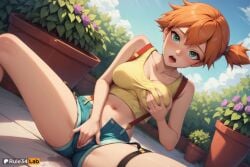 1girls ai_generated anime_girl anime_style aqua_eyes artist_name bare_arms bare_shoulders blue_sky blush breasts bush cloud collarbone covered_nipples crop_top day denim denim_shorts dutch_angle eyelashes female female_masturbation fingering fingernails flower grabbing_own_breast green_eyes hair_between_eyes hi_res kasumi_(pokemon) large_breasts looking_at_viewer masturbation medium_breasts midriff navel open_fly open_mouth open_shorts orange_hair outdoors patreon_logo patreon_username pink_flower plant pokemon pokemon_(anime) pokemon_(classic_anime) pokemon_(game) potted_plant purple_flower pussy_juice pussy_juice_drip_through_clothes pussy_juice_stain rule34lab saliva shirt short_hair short_shorts shorts side_ponytail sitting sky sleeveless sleeveless_shirt solo spread_legs suspender_shorts suspenders tank_top tongue watermark web_address yellow_shirt yellow_tank_top