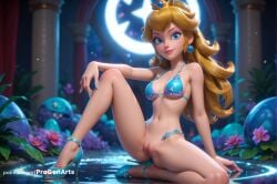 1girls ai_generated artist_name bikini bikini_top_only blonde_hair blue_bikini blue_eyes blue_nails blurry bottomless breasts closed_mouth crown earrings eyeshadow female flower full_body hi_res high_heels jewelry knee_up legs lips lipstick long_hair looking_at_viewer makeup mario_(series) medium_breasts nail_polish navel nintendo nose ponytail princess_peach progenarts pussy sitting smile solo sphere_earrings spread_legs stomach super_mario_bros. swimsuit uncensored water