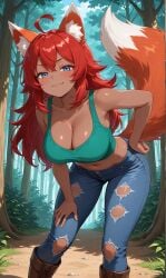 ai_generated animal_ears animal_humanoid big_breasts blue_eyes forest fox_ears fox_girl fox_tail jeans npc red_hair smile terraria zoologist_(terraria)