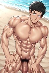 1boy 1man ai_generated bara beach big_cock black_hair blue_eyes flaccid free! free!_iwatobi_swim_club hair, kneeling male muscles naked nude nude_male ocean pubic renxai_bara semi_hard semi_hard_cock soft_cock solo solo_male squatting squatting_male yamazaki_sosuke yamazaki_sousuke yaoi