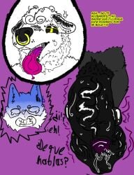 annoyed anthro ball_ring balls black_collar black_penis bodily_fluids canid canine canis collar cross-popping_vein d_the_wolf domestic_cat duo embarrassed erection felid feline felis genitals genka male male/male mammal mommydkg multiple_piercings open_mouth penis piercing spanish_text sweat sweatdrop sweaty_balls sweaty_genitalia text tongue tongue_out wolf