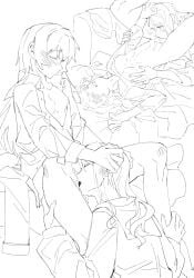 2girls bang_dream! bang_dream!_it's_mygo!!!!! between_legs blush bottomless breasts breasts_out chihaya_anon chinese_commentary closed_eyes collar commentary_request commission cunnilingus greyscale hand_on_another's_head highres lanserongjie long_hair monochrome multiple_girls nagasaki_soyo nipples oerba_yun_fang open_clothes open_mouth open_shirt oral pussy_juice_on_face school_uniform second-party_source skin_fang small_breasts tongue tongue_out tsukinomori_school_uniform yuri