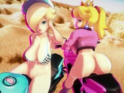 2girls 3d_(artwork) ass ass bike biker_girl blonde_hair bottomless breasts dume female female_only koikatsu koikatsu_(medium) light-skinned_female light_skin long_hair mario_kart mario_kart_world nintendo princess princess_peach princess_rosalina super_mario_bros. super_mario_galaxy