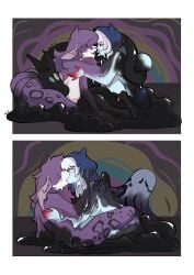 adelfrey anthro aquatic aquatic_gastropod black_body blue_body comic eye_contact felid female forced forced_transformation fur fusion gastropod goo_creature group hair head_horn hi_res horn hypnotic_eyes kissing looking_at_another mammal merging mimic mimic_(adelfrey) mollusk multi_eye pantherine purple_body purple_fur purple_hair sea_angel sea_slug slug snow_leopard transformation trio white_hair
