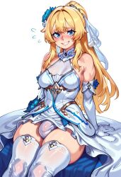 ai_art ai_generated blonde_hair blush breasts bride bulge_through_clothing dress futanari intersex league_of_legends luxanna_crownguard medium_breasts nervous_grin nervous_smile panties tagme wedding_dress wedding_gloves white_dress