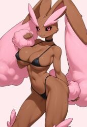 ai_generated anthro bikini breasts bunny_ears bunny_girl bunny_tail cleavage female furry furry_female heart lopunny massive_breasts pink_fur pokemon pokemon_(species) pokemonjackr shiny_lopunny shiny_pokemon underboob