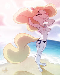 2018 animaniacs anthro areolae beach beads bikini bikini_bottom birchly blonde_hair breasts clouds feet female female_only fluffy_tail full_body furry jewelry long_hair mammal medium_breasts minerva_mink mink mustelid navel necklace nipples pink_nose sea seaside shell_necklace shore side-tie_bikini sky smile sun swimsuit tail toes topless warner_brothers water white_fur