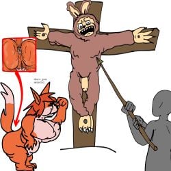 anonymous_male breasts breasts_out crucified crucifixion english english_text erm_what_the_sigma fat_ass fat_pussy female fox_ears fox_girl furry idk jxci labubu male obese_female penis pussy self_upload text this_is_fine this_is_madness werewolf what what_is_this_im_scared white_background wtf zoologist_(terraria)