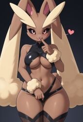 anthro breasts bunny_ears bunny_girl bunny_tail cleavage cleavage_cutout female furry furry_female heart leather lopunny pokemon pokemon_(species) pokemonjackr thigh_gap thighs