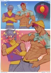 2boys abby_(kpop_demon_hunters) abs bara biceps blush dated english_text gay jockstrap kpop_demon_hunters male male_focus male_only muscular muscular_arms muscular_chest muscular_male mystery_(kpop_demon_hunters) netflix nipples pants pecs pectorals saja_boys seansketches shirt text yaoi