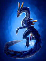 1boy amber_eyes blue_scales cum dragon feral glowing_eyes horn lagiacrus looking_at_viewer male male_only monster_hunter penis plain_background solo tagme udon-snake video_games water_clouding