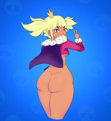 artist_name artist_signature ass ass_focus blonde_hair brawl_stars cape capelet crown dark-skinned_female dark_skin exposed_ass large_ass mandy_(brawl_stars) peace_sign pinup plump plump_ass shaospicy smirk smirking_at_viewer tan_body tan_skin