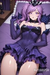 1futa ai_generated bed bedroom bulge bulge_through_clothing cock crown dick elementalist_lux elementalist_lux_dark futanari futarush indoor indoors intersex league_of_legends league_of_legends:_wild_rift luxanna_crownguard patreon patreon_username penis ponytail purple_eyes purple_hair riot_games sultryspark