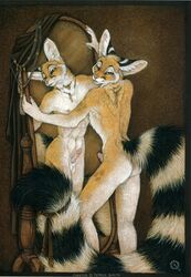 2002 anthro chester_ringtail_magreer dark_natasha erection fur furry furry_only male male_only mirror necklace nude ringtail solo standing tail terrie_smith