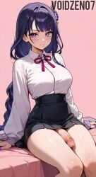 ai ai_art ai_generated flaccid flaccid_penis futanari futanari penis penis_out raiden_shogun shirt sitting skirt skirt_lift voidzen