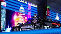 16:9 absurd_res anthro blender_(artwork) breasts car checkered_(artist) city city_background clothing digital_media_(artwork) equid equine fan_character female hasbro hi_res horse leaning_on_car leaning_on_object legwear libi_(checkered) mammal my_little_pony nipples pony solo thigh_highs vehicle weapon widescreen
