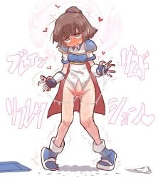 ahe_gao armor blue_armor blue_boots blunt_bangs blush boots bottomless brown_eyes brown_hair cape female female_masturbation fingerless_gloves full-face_blush giga.linda gloves high_ponytail highres masturbation mind_control nose_blush panties pointing pointing_at_viewer ponytail pussy_juice pussy_juice_puddle red_cape spread_pussy standing tears underwear white_background white_panties