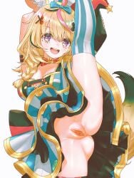 :d absurdres ahoge animal_ear_fluff animal_ears anversailles arm_strap armpits arms_up ass asymmetrical_legwear black_hair blonde_hair blue_bow blue_skirt blue_thighhighs bow bowtie braid breasts cleavage clitoris commentary commission double-parted_bangs facial_mark female fox_ears fox_girl fox_tail hair_between_eyes hair_ornament hair_over_shoulder hairbow hairclip hat heart heart-shaped_pupils highres holding_own_leg hololive jester_cap layered_skirt leg_lift long_hair looking_at_viewer mark_under_eye miniskirt mismatched_legwear multicolored_hair no_panties omaru_polka omaru_polka_(1st_costume) open_mouth pink_hair pink_thighhighs purple_eyes pussy red_bow red_bowtie shirt side_braid simple_background single_braid skirt sleeveless sleeveless_shirt smile solo split standing standing_on_one_leg standing_split streaked_hair striped_clothes striped_skirt striped_thighhighs symbol-only_commentary symbol-shaped_pupils tail teeth thighhighs tilted_headwear traditional_bowtie uncensored upper_teeth_only variant_set vertical-striped_clothes vertical-striped_skirt vertical-striped_thighhighs virtual_youtuber white_background x_hair_ornament