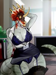 absurd_res anthro big_breasts bone_frill bra breasts broken_horn businesswear ceratopsian cleavage clothed clothing computer_monitor dinosaur facial_horn female frill_(anatomy) garter_straps goutos grey_body grey_scales hand_behind_head hi_res horn legwear lingerie nose_horn office open_clothing open_shirt open_topwear ornithischian panties prehistoric_species reptile scales scalie shirt solo thick_thighs thigh_highs topwear triceratops unbuttoned_shirt underwear unprofessional_behavior wide_hips