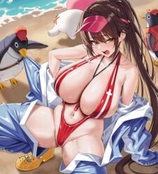 1girl absurdres animal_costume bare_shoulders beach between_breasts bird blush breasts brown_hair collarbone commentary crocs doro_(nikke) english_commentary goddess_of_victory:_nikke highres kook large_breasts long_hair looking_at_viewer marciana_(marine_study)_(nikke) marciana_(nikke) mole navel navel_piercing off_shoulder official_alternate_costume open_mouth outdoors penguin penguin_costume penguin_squad_(nikke) piercing ponytail red_slingshot_swimsuit red_visor_cap sideboob slingshot_swimsuit solo squatting stomach swimsuit thighs visor_cap whistle yellow_eyes