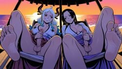 2girls abs barefoot between_toes black_hair blue_hair boa_hancock breasts bulge cleavage colored_skin dirty_feet earrings erection erosaga feet feet_up flaccid foot_focus footjob forehead foreskin full-package_futanari futanari gay grin homosexual horns huge_cock jewelry large_breasts large_penis large_testicles long_hair long_toenails manual_masturbation muscular muscular_female newhalf no_bra no_panties one_piece orange_sky penis perineum precum sensual single_boot sitting smile soles spread_legs spread_toes stirrup_legwear sunset testicles toe_scrunch toeless_legwear toenail_polish toenails toes two-footed_footjob uncensored veins veiny_penis yamato_(one_piece)
