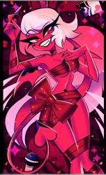 1girls bowtie claws demon demon_girl female female_focus female_only heart_tattoo helluva_boss long_hair looking_at_viewer microphone naked naked_female nude nude_female official_art pink_body pink_skin poster ribbon ribbon_bondage solo solo_female solo_focus succubus succubus_horns succubus_tail succubus_wings valentine's_day verosika_mayday_(helluva_boss) white_hair wings