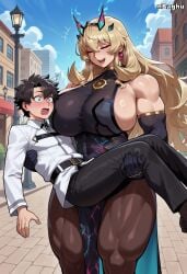 1boy 1boy1girl 1girls abs ai_generated bare_shoulders barghest_(gawain)_(fate) bigger_female black_dress black_gloves black_hair blonde_hair blue_eyes blush breasts carrying carrying_partner closed_eyes couple duo elbow_gloves fate/grand_order fate_(series) fujimaru_ritsuka_(male) hair_ornament happy heterochromia highres huge_breasts large_breasts lifting_person long_hair muscular muscular_female nbaghu nervous nervous_male pantyhose pelvic_curtain shiny_skin short_hair sideboob size_difference sleeveless surprised taller_female taller_girl thick_thighs very_long_hair wide_hips