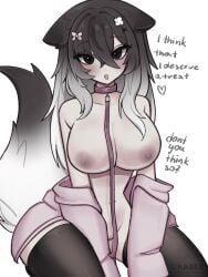 breasts dog_collar okaree pink_hoodie semi_nude tounge_out