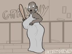 1girls ass back_view baseball_bat big_ass big_breasts big_butt breasts clothed clothed_female clothing dress dvloper female female_only gilf granny_(character) granny_(game) horror_game indoors looking_back mature mature_female nightmare_waifu no_pupils old_woman open_mouth solo solo_female solo_focus unitedstateskid_(artist)
