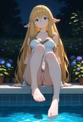 ai_generated arm_support blonde_hair cleavage collarbone dress elf elf_ears elf_female feet garden hair_tubes illustrious_(stable_diffusion) long_hair micro_panties partially_visible_vulva pointy_ears poolside self_upload serie_(sousou_no_frieren) siegwharheit sousou_no_frieren stable_diffusion toes water