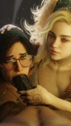 3d 3d_(artwork) 3d_background 3d_model 3d_render 8k alma_(monster_hunter_wilds) blowjob blowjob_face capcom cock dark_skinned_male dick double_blowjob female gemma_(monster_hunter_wilds) hi_res highres kazworksnsfw male monster_hunter monster_hunter_wilds penis pov pov_eye_contact pov_male saliva saliva_trail threesome