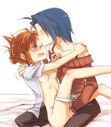 2girls akizuki_ritsuko between_legs blue_hair blush bra_strap breasts brown_eyes brown_hair closed_eyes female forehead_kiss glasses hand_between_legs idolmaster kissing miura_azusa multiple_girls nightea nipples open_clothes open_mouth open_shirt panties panty_pull pussy_juice underwear yuri