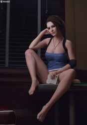 1girls 3d 3d_(artwork) 3d_model 3d_render feet female female_only jill_valentine jill_valentine_(sasha_zotova) legs light-skinned_female light_skin missally necklace resident_evil resident_evil_3 resident_evil_3_remake sandwich short_hair sitting sitting_on_table smile solo solo_female t-shirt table