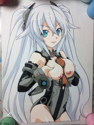 black_heart blue_eyes blush bodysuit breasts breasts_out dark-skinned_male detached_sleeves disembodied_penis female hair_ornament hasami_mushi hasamimushi highres lips long_hair looking_at_viewer male neptunia_(series) nipples noire paizuri photo_(medium) picture_of_picture straight symbol-shaped_pupils tied_hair twintails very_long_hair white_hair