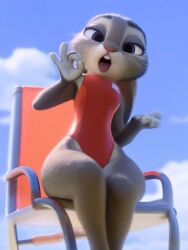 ai_generated anthro blue_sky buckteeth chair clothing cloud disney ears_down fellatio_gesture female furniture gesture judy_hopps lagomorph leporid looking_at_viewer looking_down_at_viewer low-angle_view mammal on_chair one-piece_swimsuit outside pivoted_ears rabbit red_clothing red_swimwear sitting sitting_on_chair sky solo suggestive suggestive_gesture sunny swimwear teeth wide_hips zootopia