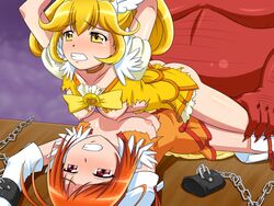 2girls akaoni bondage chains clothed_sex clothing cure_peace cure_sunny from_behind fucked_silly goro_(artist) hi_res hino_akane human interspecies magical_girl medium_breasts multiple_girls pretty_cure red_oni red_skin small_breasts smile_precure threesome torn_clothes yayoi_kise